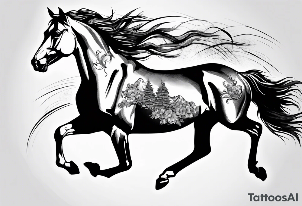 Mustang horse running along blood stomping tattoo idea