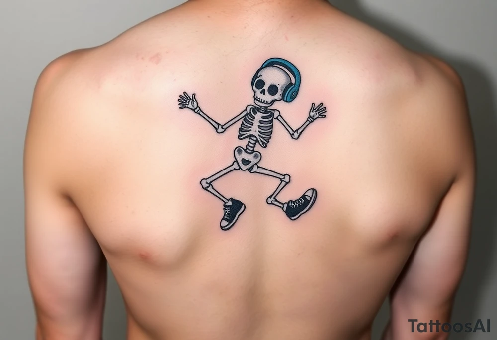 Funny small skeleton jumping on a rope with a blue headphones and blur tennis shoes tattoo idea