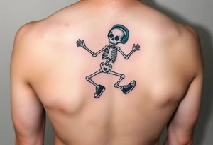 Funny small skeleton jumping on a rope with a blue headphones and blur tennis shoes tattoo idea