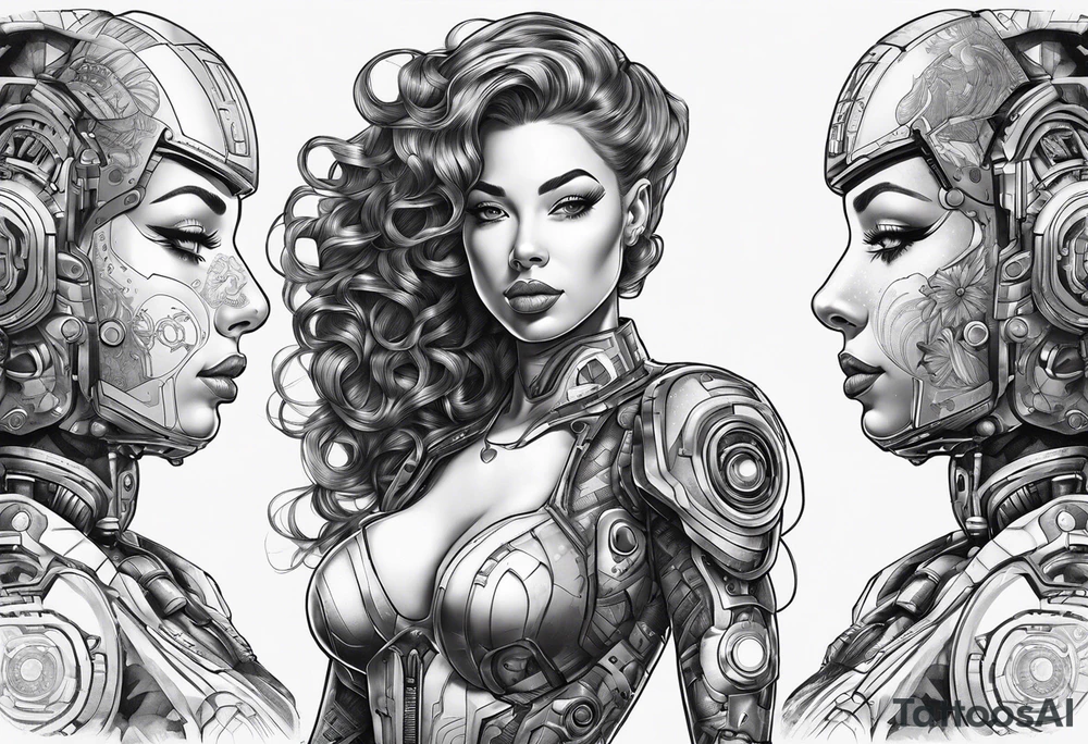 cyborg full body female pinup retro futurism, robot with human parts tattoo idea