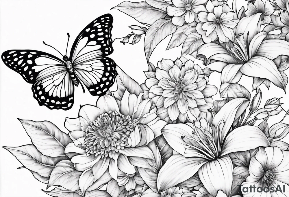 Butterflies with lilys, asters and morning glories tattoo idea