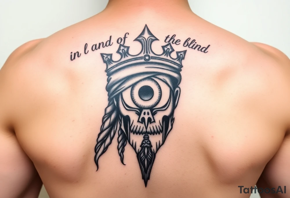 I want a tattoo with the saying "In the land of the blind, the one eyed man is king". I want to incorporate this saying into a relevant and unique design or tattoo idea. Some inspiration that I like are: Pirate theme, Roman Empire theme, Fantasy King Era theme, Futuristic/Cyberpunk theme. tattoo idea