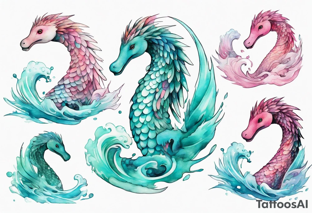 a beautiful feathered Nessie with turquoise and pink scales emerging from the waves tattoo idea