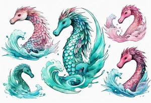 a beautiful feathered Nessie with turquoise and pink scales emerging from the waves tattoo idea