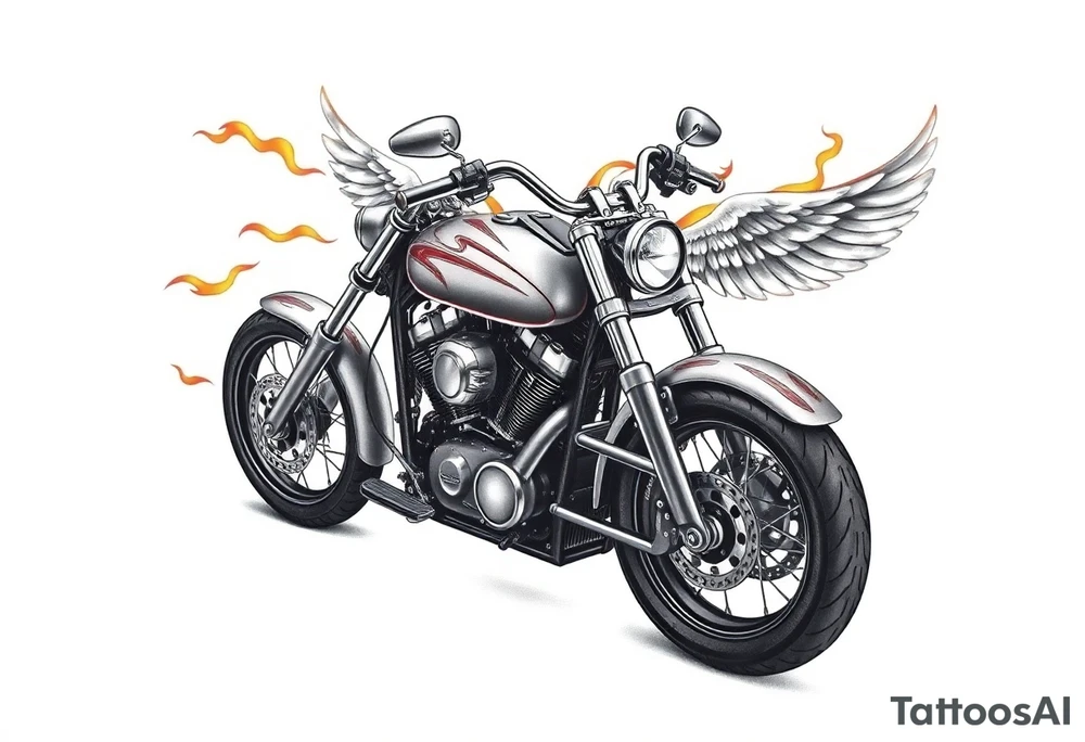 Harley grey motorcycle driving away, flames, angel wings tattoo idea