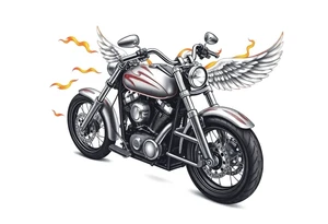 Harley grey motorcycle driving away, flames, angel wings tattoo idea