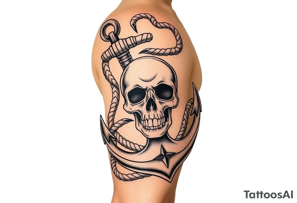 weathered anchor wrapped in nautical rope with sea wares and Roses aged skull, tattoo idea
