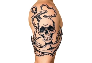 weathered anchor wrapped in nautical rope with sea wares and Roses aged skull, tattoo idea