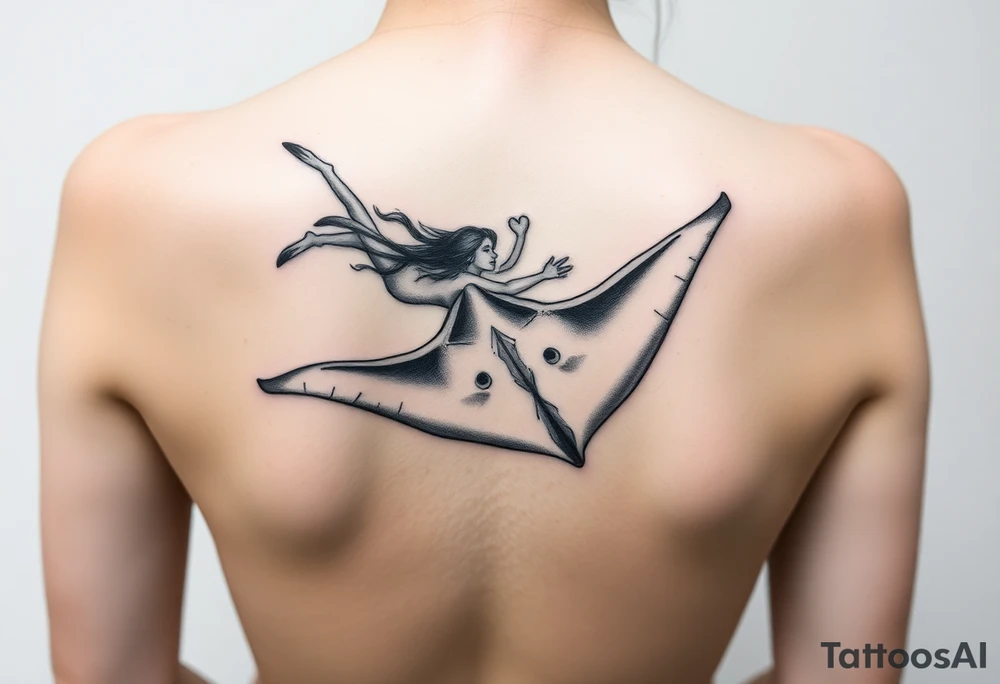 Freediving Woman with a mobula ray in the Open sea tattoo idea