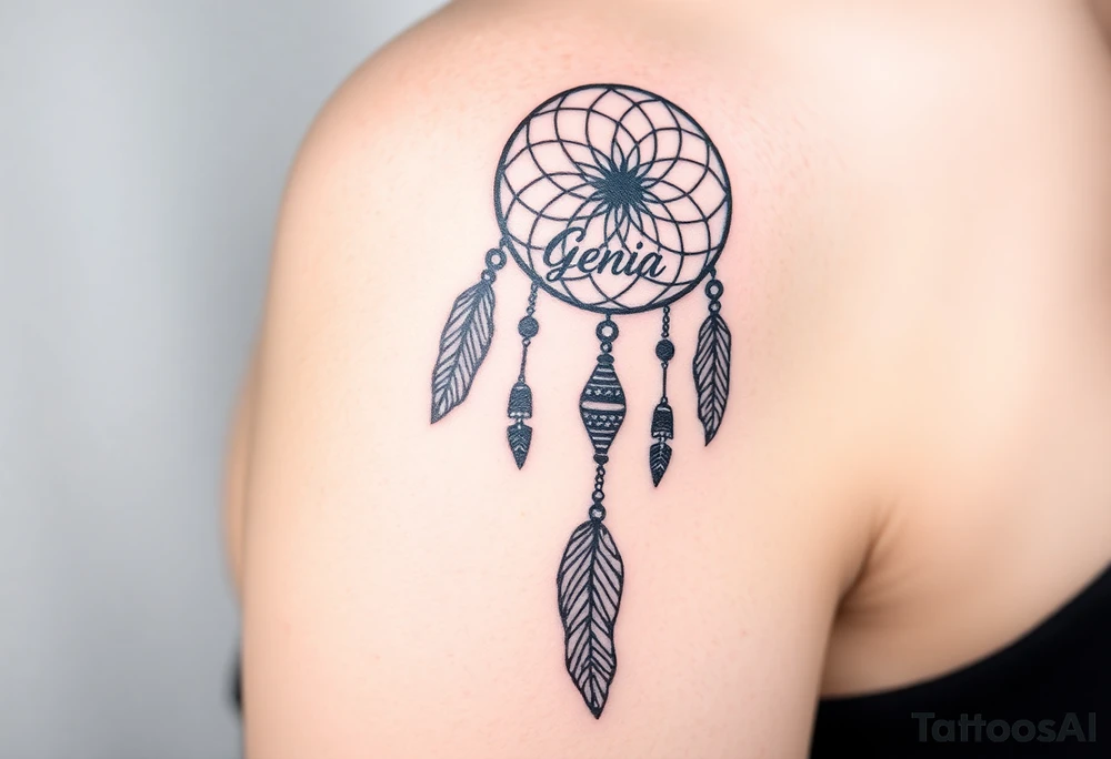 native dreamcatcher with flowing feathers and sacred beads with name Genia in it tattoo idea
