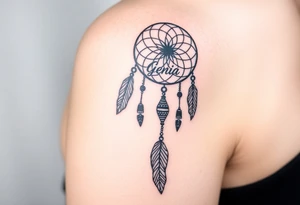 native dreamcatcher with flowing feathers and sacred beads with name Genia in it tattoo idea
