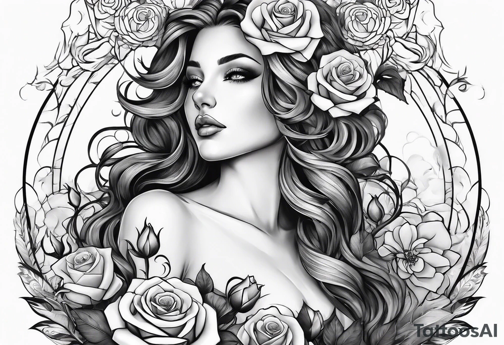 Bloomed rose attached with female body, kneeling tattoo idea