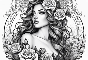 Bloomed rose attached with female body, kneeling tattoo idea