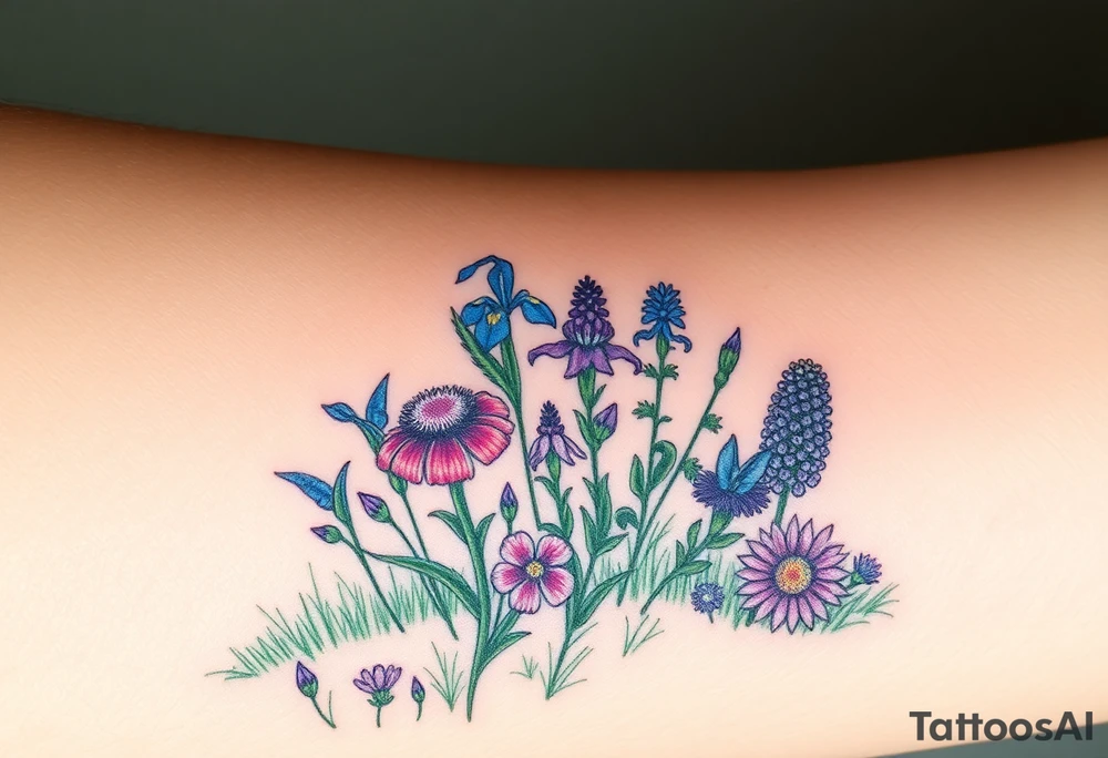 a bunch of cutleaf coneflower, blue flag iris, bee balm, obedient plant, purple coneflower on a hill with grass with a beautiful sunset and wildlife tattoo idea