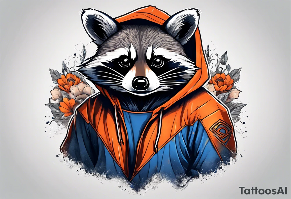 Raccoon wearing an orange Superman hoodie tattoo idea