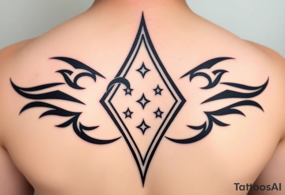 A sharp edged rip curl wave with small diamond stars inside of an elongated diamond tattoo idea