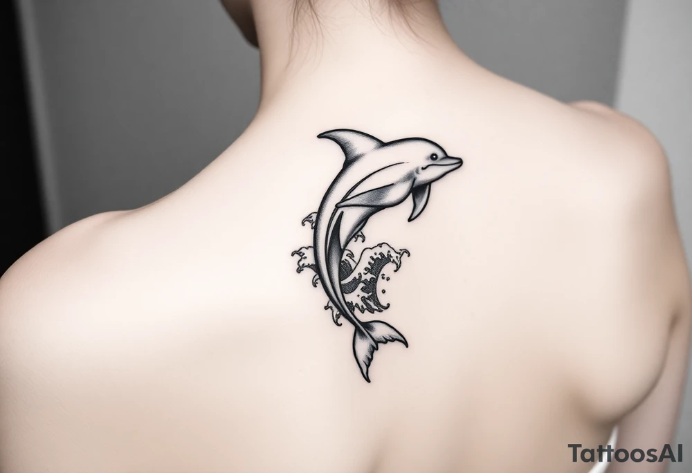 Dolphin and waves on spine tattoo idea
