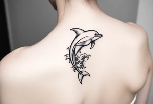 Dolphin and waves on spine tattoo idea