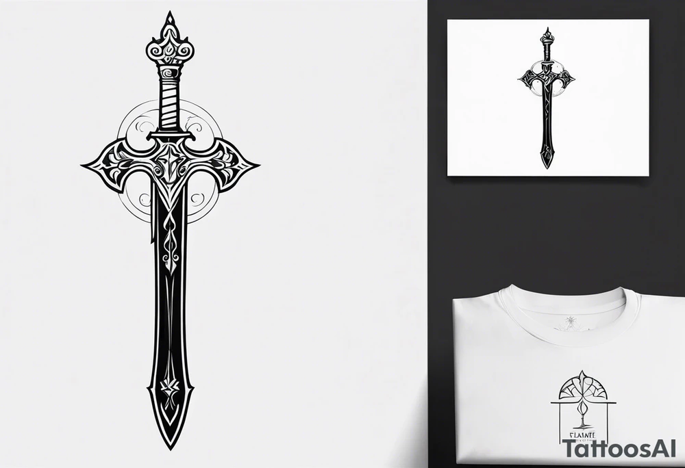 A classy sketch of the Master Sword standing upright, with subtle, delicate symbols of the elements—flame, water droplet, leaf, and wind swirl—integrated into the blade and hilt tattoo idea