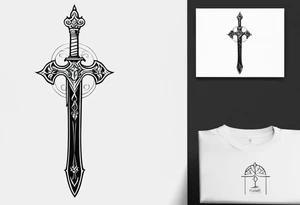 A classy sketch of the Master Sword standing upright, with subtle, delicate symbols of the elements—flame, water droplet, leaf, and wind swirl—integrated into the blade and hilt tattoo idea