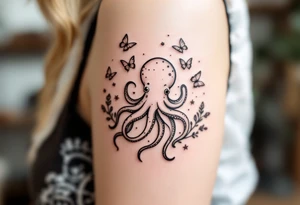 cute small octopus, surrounded by butterflies and oceanic items, brown ink tattoo idea
