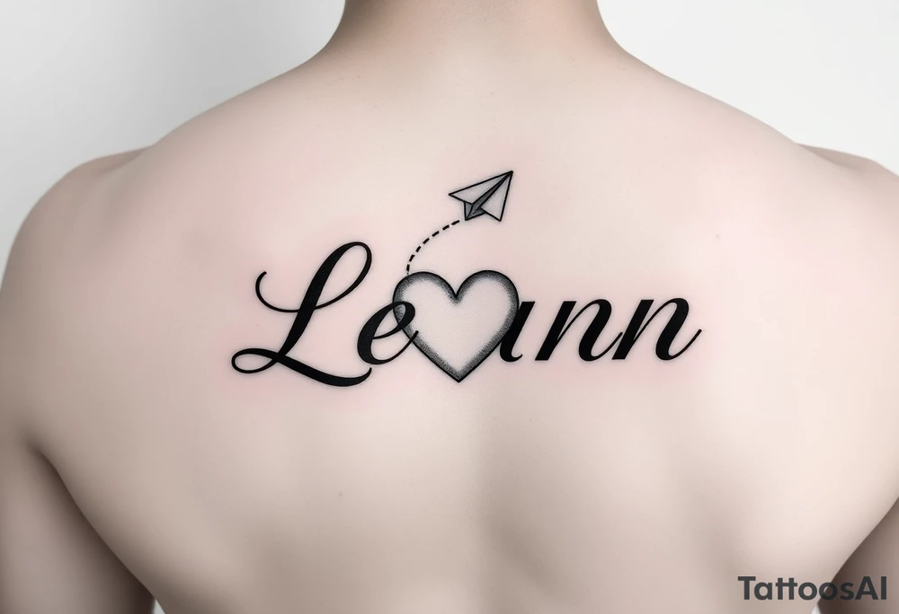 The name Leann going down my ribs with a heart and paper plane tattoo idea