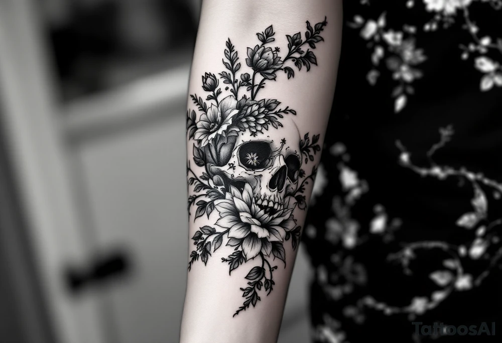 Half sleeve with flowers lace bold and beautiful skulls and lace tattoo idea