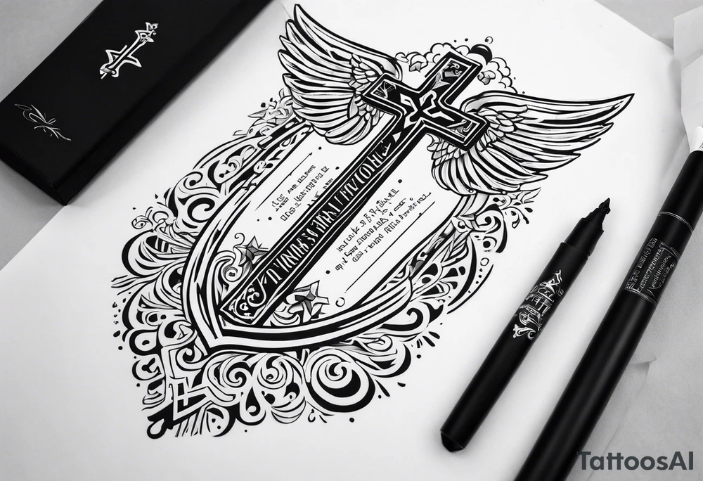 Something biblical quote, and angel, crosses tattoo idea