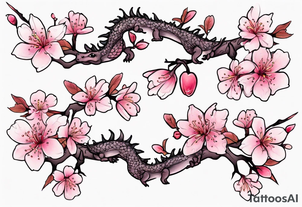 branch with small cherry blossom flowers and one small dragon tattoo idea