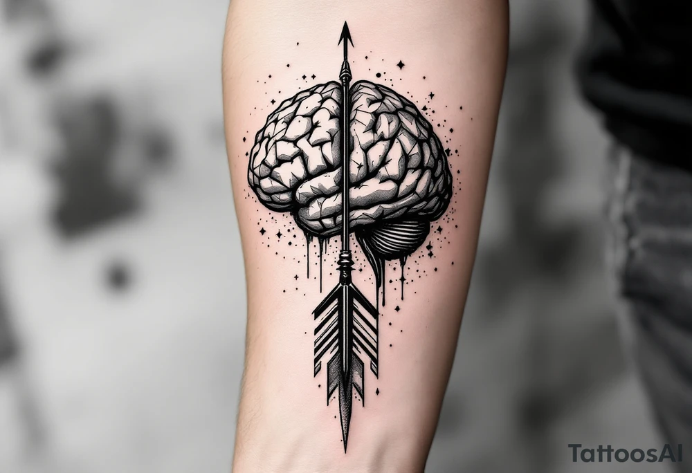 A geometric, vertical, front-seen brain. A detailed arrow crosses from below and exit from the top, with its tip desintegrating to represent entropy and watercolor stains spilled from the arrow. No stars or details around. tattoo idea