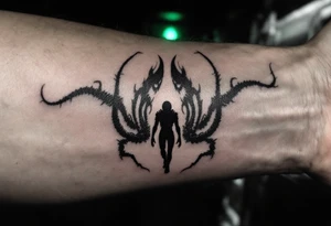 A silhouette of a Xenomorph stalking through a dark hallway, its outline softly illuminated by an eerie green light from above. tattoo idea