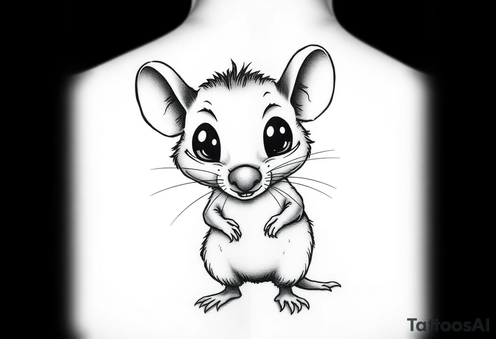 so--try it from the profile...a big head, big eyes, outside the head, big nose
A rat standing uprightwith all his body
Very large, bulging eyes popping out
A cheeky smile
Cartoon style, not baby-like

i like the first one, but try another position of the head tattoo idea