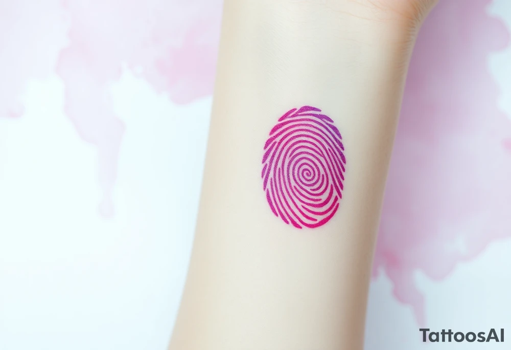 A single fingerprint in vibrant purple and pink hues, fading into a delicate watercolor background, symbolizing individuality and love tattoo idea