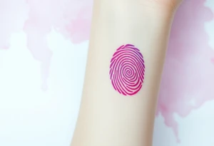 A single fingerprint in vibrant purple and pink hues, fading into a delicate watercolor background, symbolizing individuality and love tattoo idea