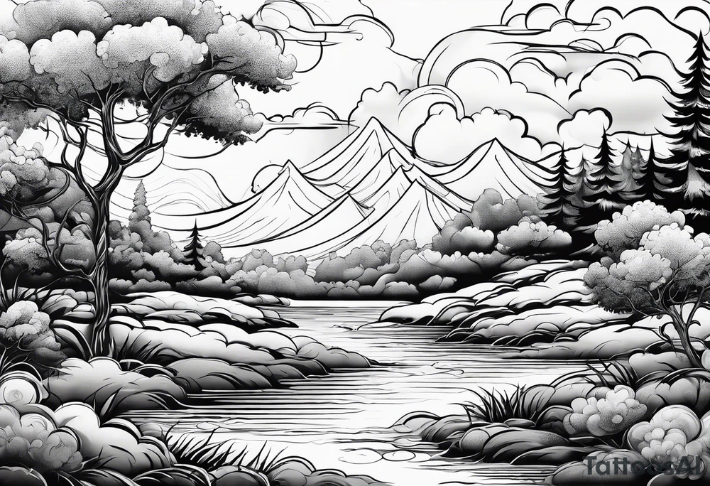 water, clouds, trees tattoo idea