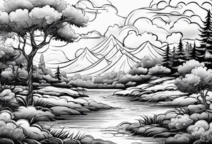 water, clouds, trees tattoo idea