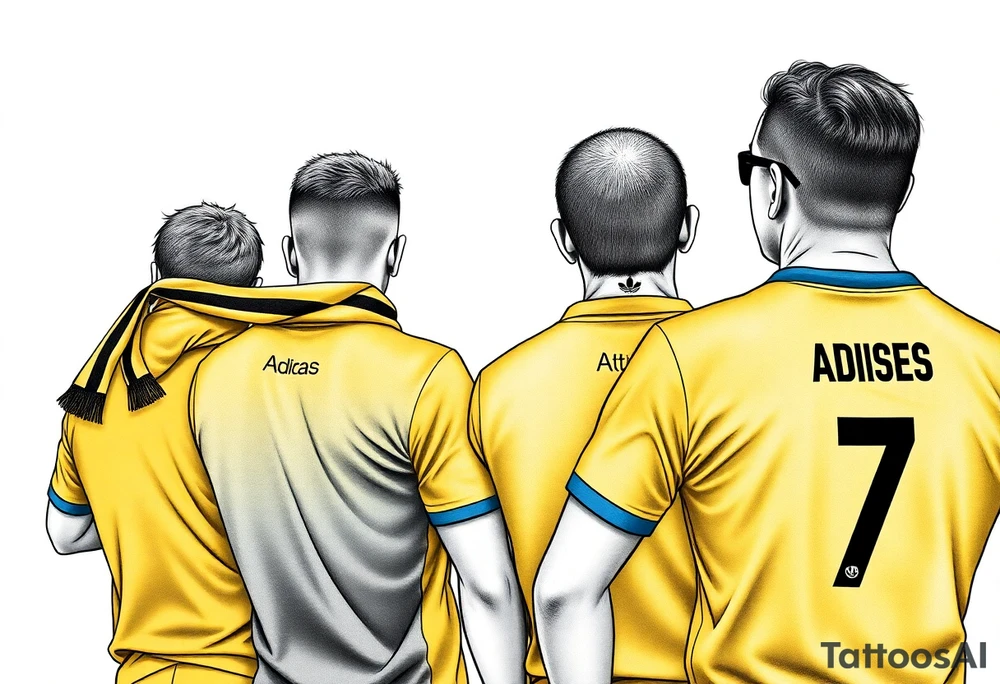 4 soccer fans from their backs, wearing yellow blue shirts. the second one from left having a kid on his shoulders, and he's rising a scarf.
the right one is older and shorter and wearing an Adidas shirt with the number 7 on it tattoo idea