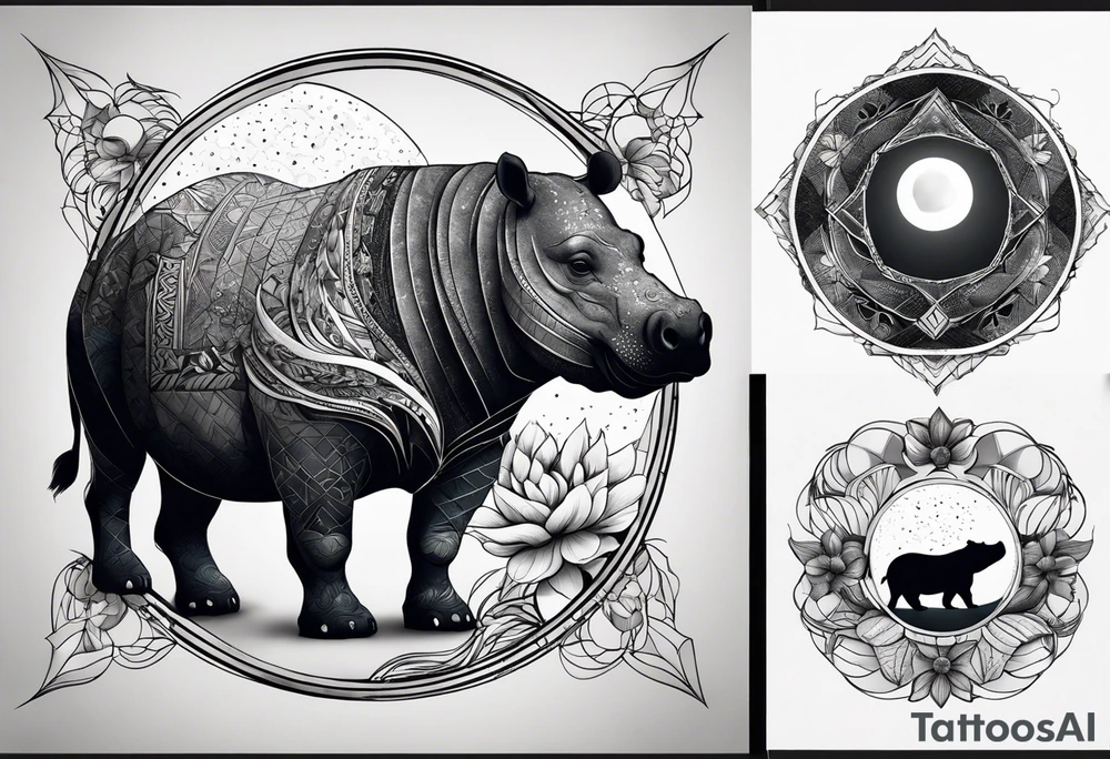 Very asymmetrical, +geometric pattern, with realistic full moon, with hippo,+tribal, +geometric, +inkart , +blackwork, +grey scale, + sketch
with wintersweet flower bud, +for men, detailed layering , combined favourite , tattoo idea