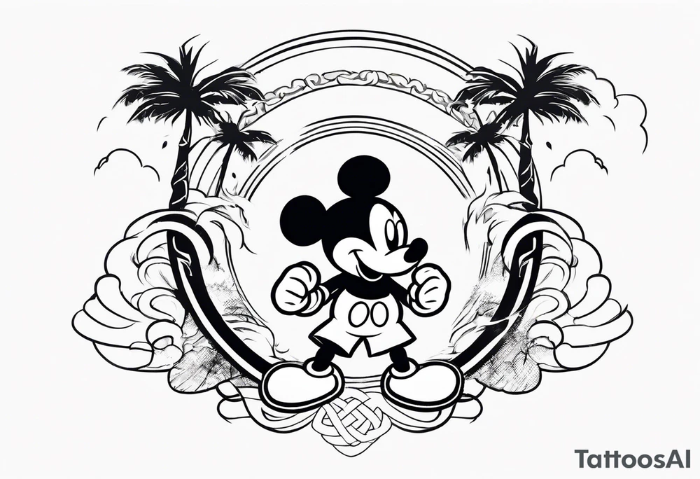 mickey mouse doing martial arts with palm trees, lightning storm and the celtic symbol for family tattoo idea