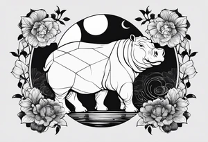 Very asymmetrical, +geometric pattern, with realistic full moon, with seeious looking hippo, +zen feel, + Buddhism touch,
with wintersweet flower bud, +portrait orientation, +inkart touch, tattoo idea