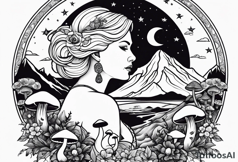 Older blonde fat woman no makeup surrounded by mushrooms mountains crescent moon background tattoo idea