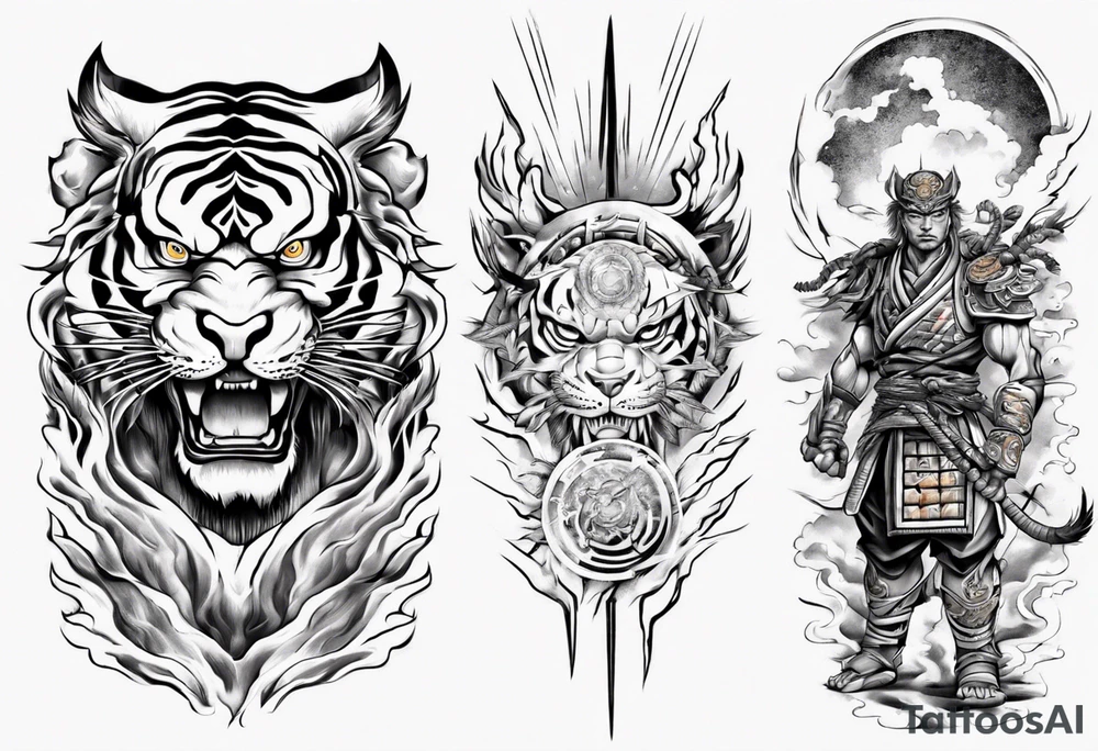 tiger warrior with lightning and the sun for a forearm sleeve tattoo idea