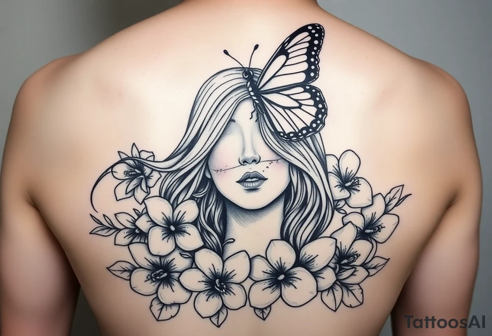 In the center above and flying butterfly that is bigger then flowers but not too big and then and flowers continue right under neath that a women with ling hair flowing her eyes are covered and not seen because the big butter fly avouve is covering her eyes so all you see is her small nose and her lips but her lips are sown shut like stiches and she has her hands covering bother her ears rose bush mixed with some Beautiful pink plumeria tattoo idea