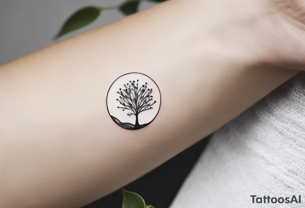 Here’s a description for the fourth idea:

	Minimalist black-and-white tattoo above the inner elbow, featuring an open circle with a small sprouting seed or budding plant inside, symbolizing new life and growth. From the seed, a fine, delicate lifeline extends outward, representing the journey of parent and child together. The design uses thin, clean lines for a simple, elegant, and symbolic look. tattoo idea