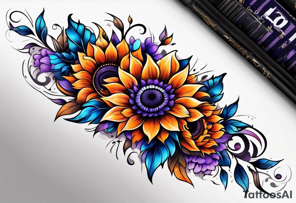 Full leg sleeve with purple, orange and blue sunflowers tattoo idea