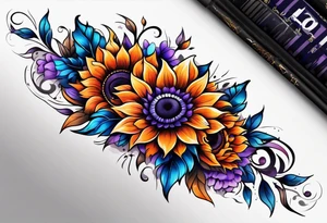 Full leg sleeve with purple, orange and blue sunflowers tattoo idea