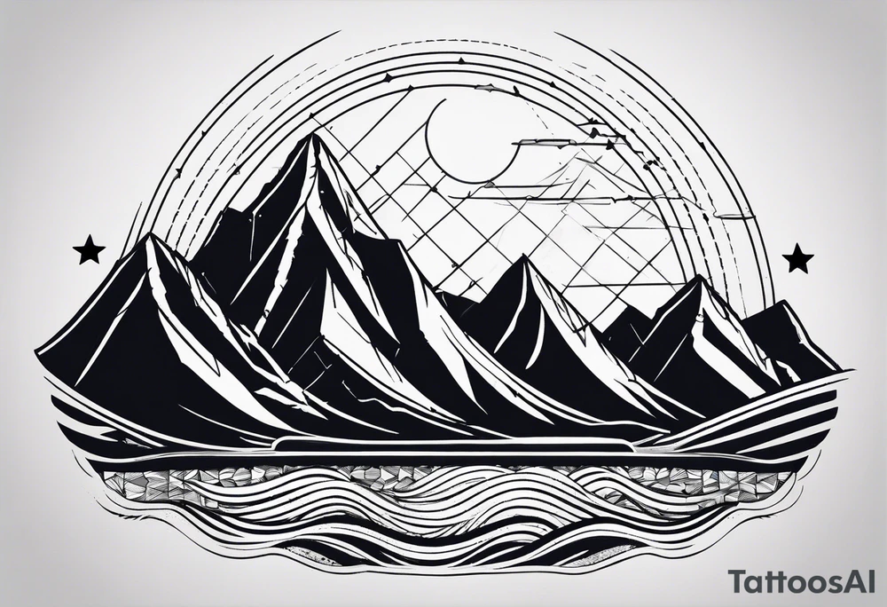 Mountain, sea waves, space with two littel Stars, geometrical Firma dashed lines overlapping tattoo idea