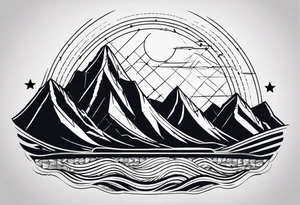 Mountain, sea waves, space with two littel Stars, geometrical Firma dashed lines overlapping tattoo idea
