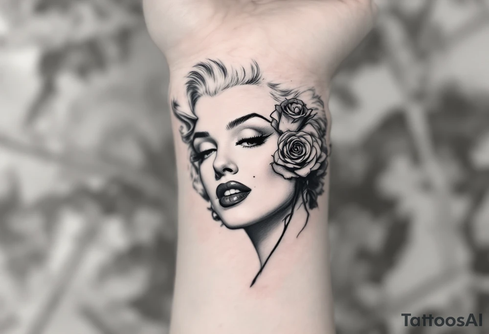 Black and grey Marilyn with a single red rose tucked behind her ear. tattoo idea