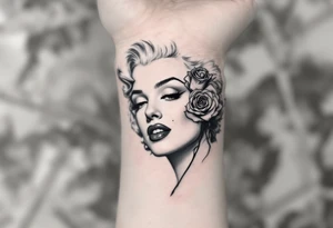 Black and grey Marilyn with a single red rose tucked behind her ear. tattoo idea